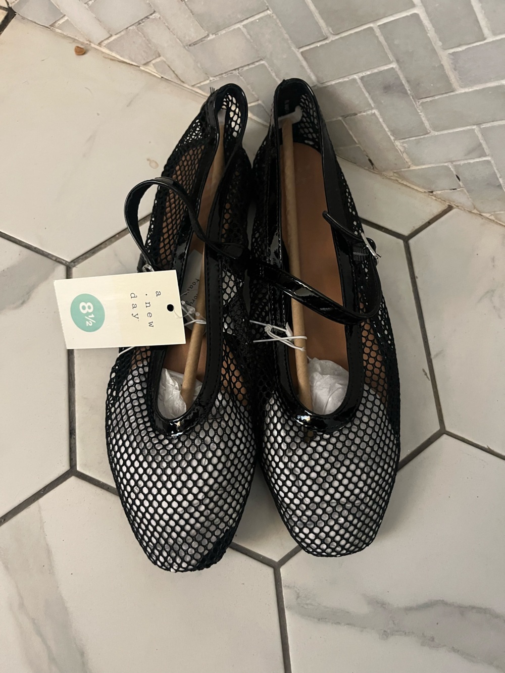 a new day Black Mesh Mary Jane Flats with Patent Trim